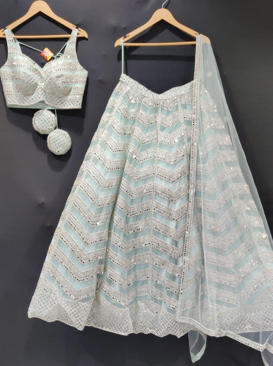Sea green mirror work lehenga